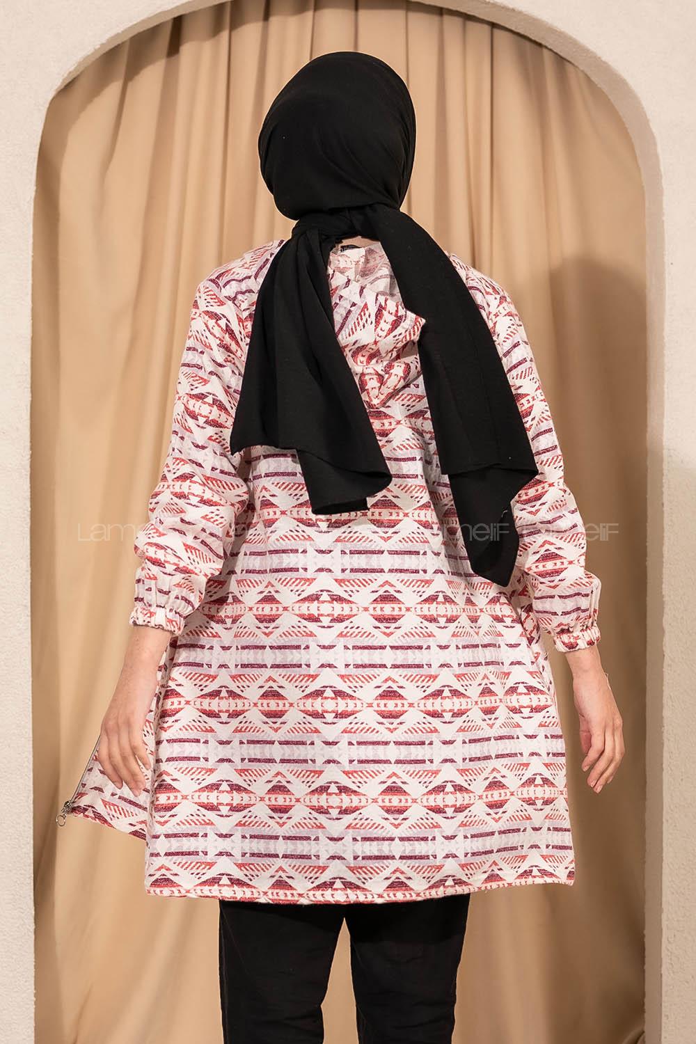 Modalamelif Kapüşonlu Boydan Fermuarlı Etnik Hırka Lila-Kırmızı