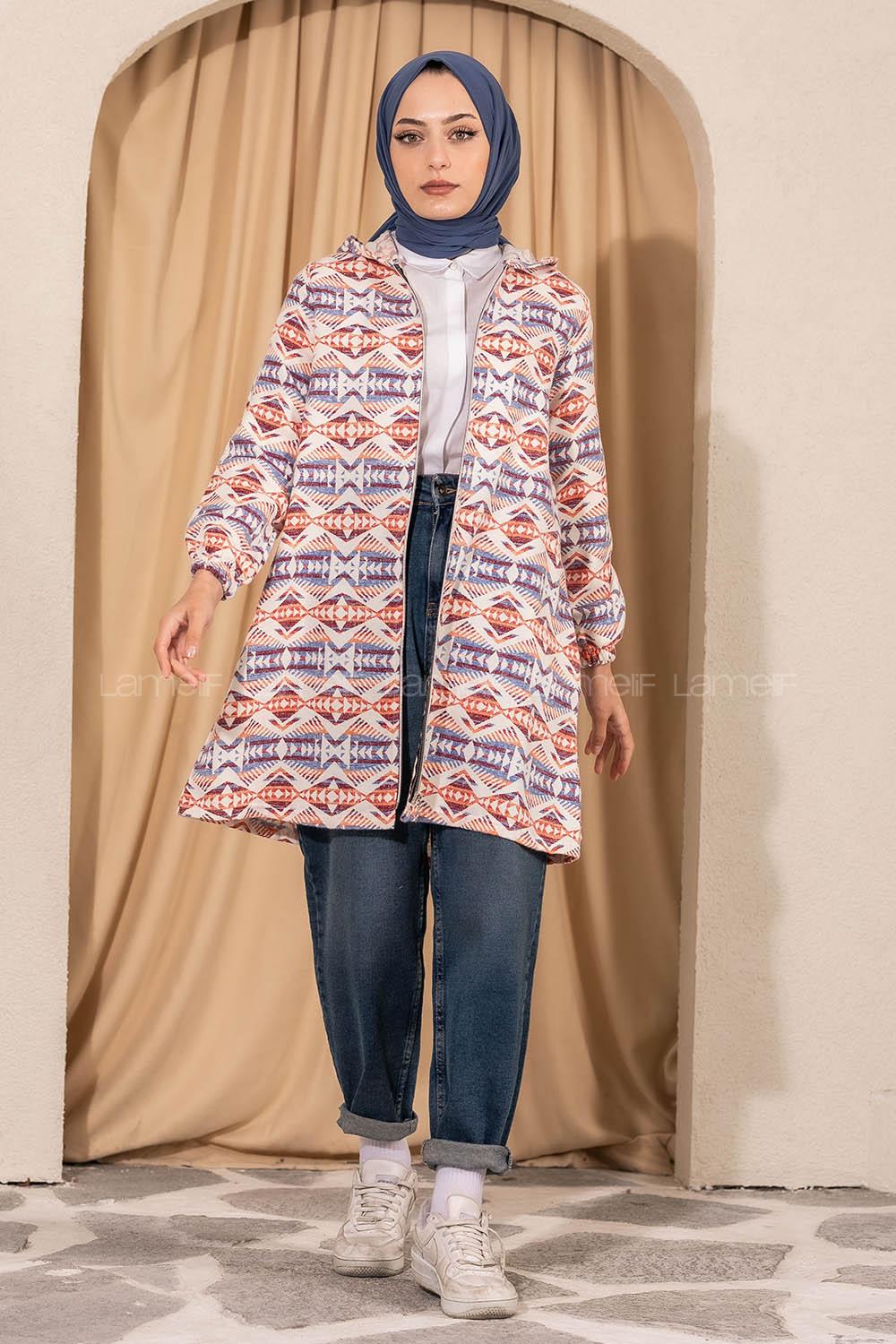 Modalamelif Kapüşonlu Boydan Fermuarlı Etnik Hırka Oranj