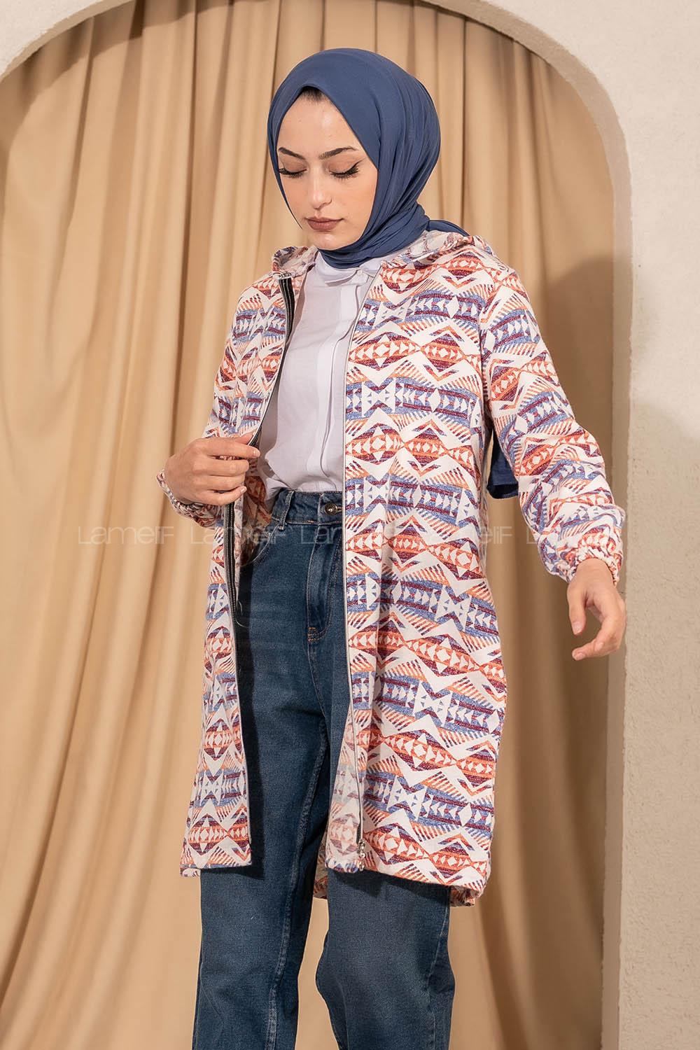 Modalamelif Kapüşonlu Boydan Fermuarlı Etnik Hırka Oranj