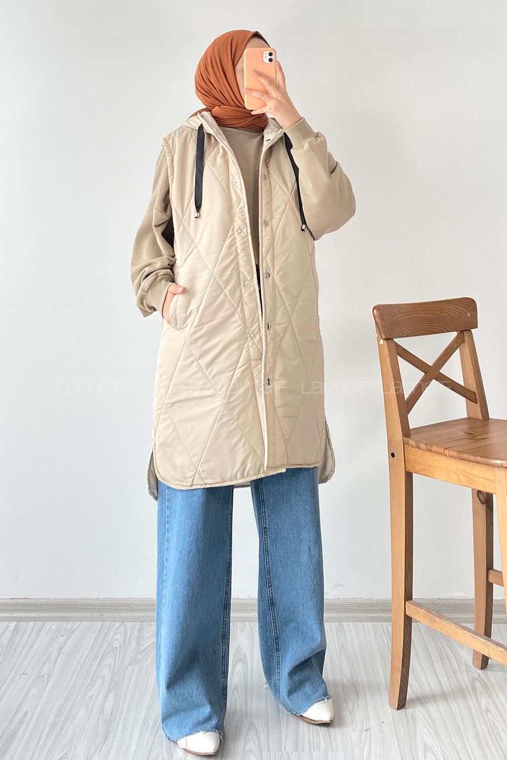 Modalamelif Kapüşonlu Çift Cepli Çıtçıt Düğme Şişme Mont Yelek Bej
