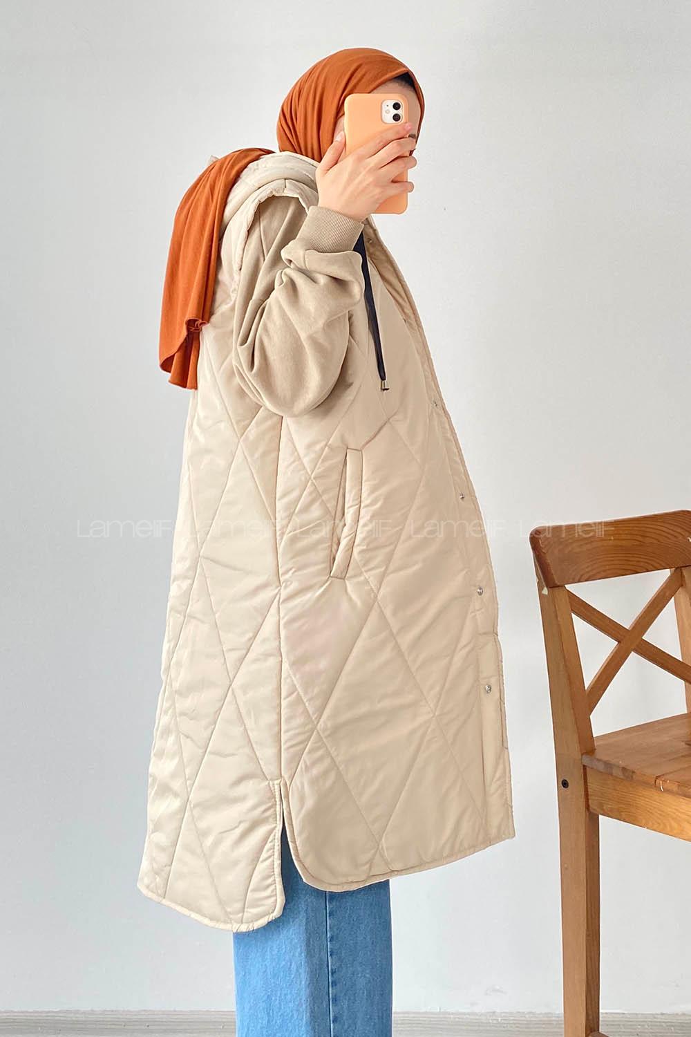 Modalamelif Kapüşonlu Çift Cepli Çıtçıt Düğme Şişme Mont Yelek Bej