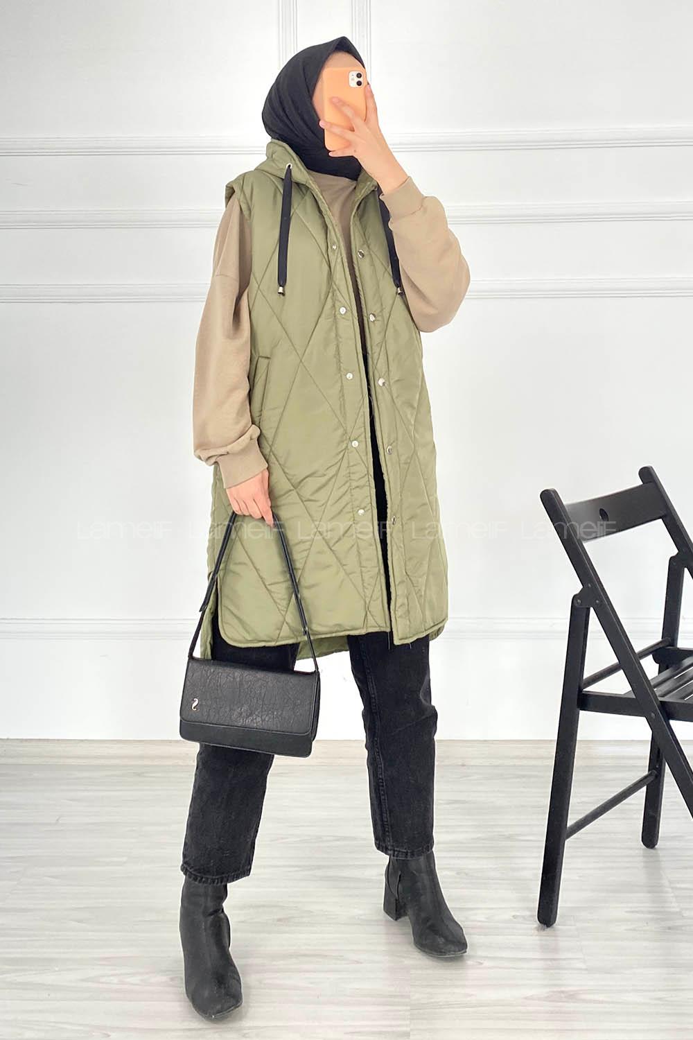 f Kapüşonlu Çift Cepli Çıtçıt Düğme Şişme Mont Yelek Haki