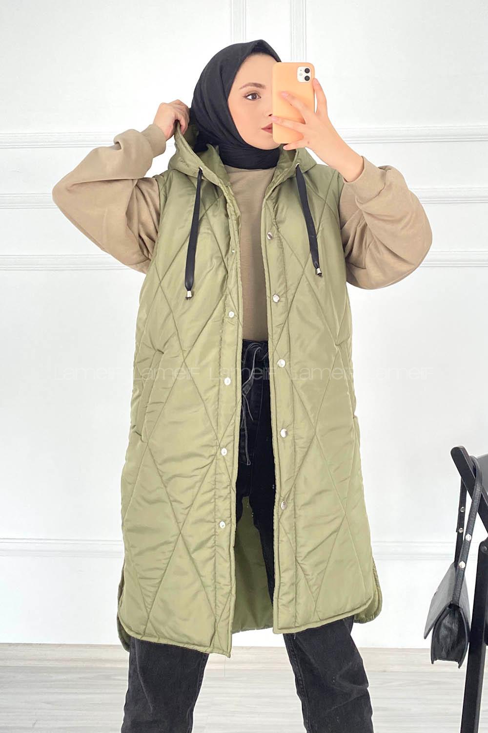 f Kapüşonlu Çift Cepli Çıtçıt Düğme Şişme Mont Yelek Haki