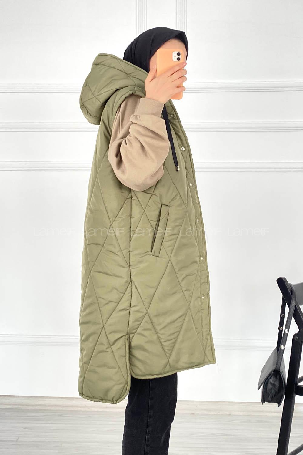 f Kapüşonlu Çift Cepli Çıtçıt Düğme Şişme Mont Yelek Haki