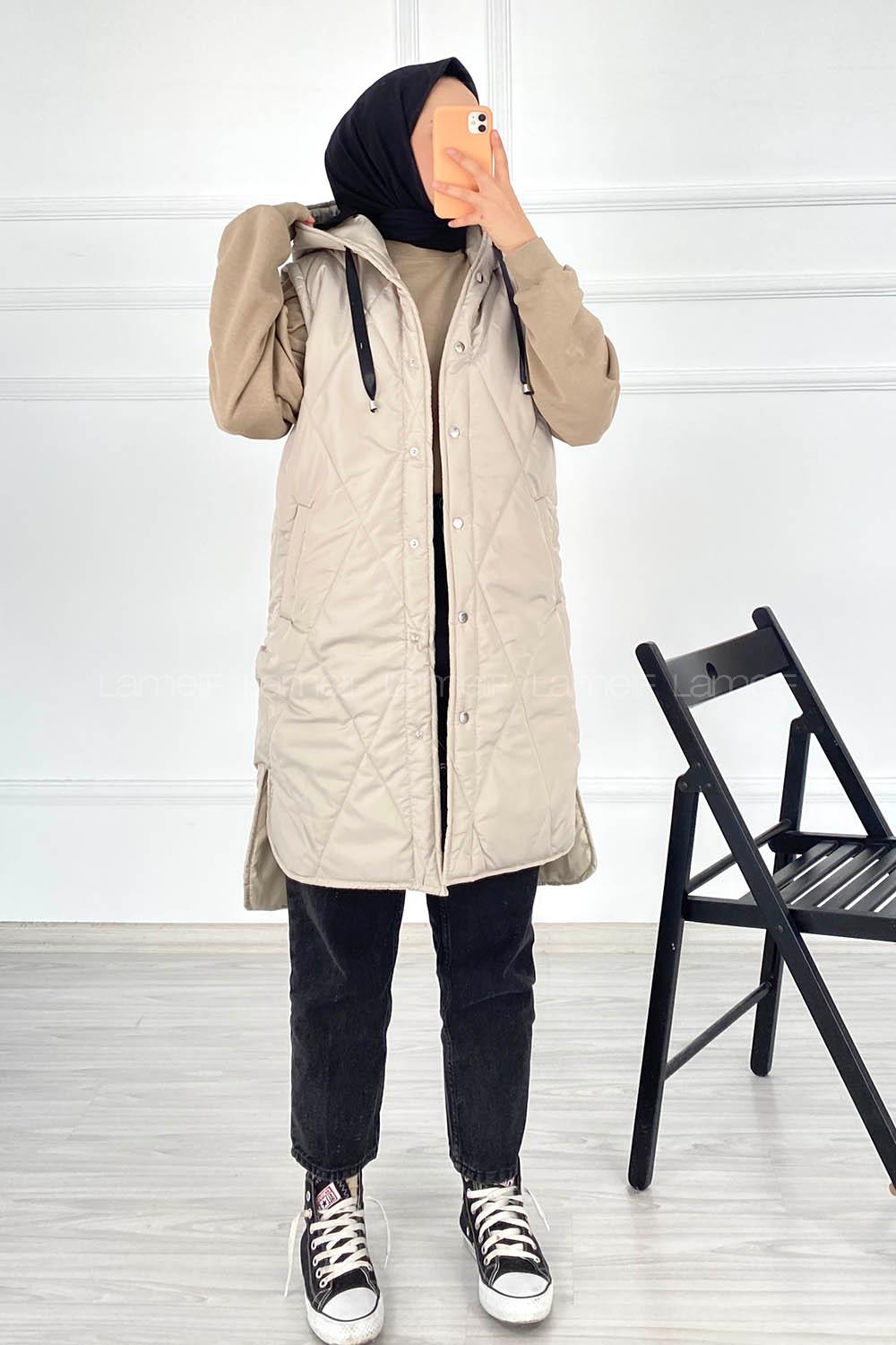 Modalamelif Kapüşonlu Çift Cepli Çıtçıt Düğme Şişme Mont Yelek Taş