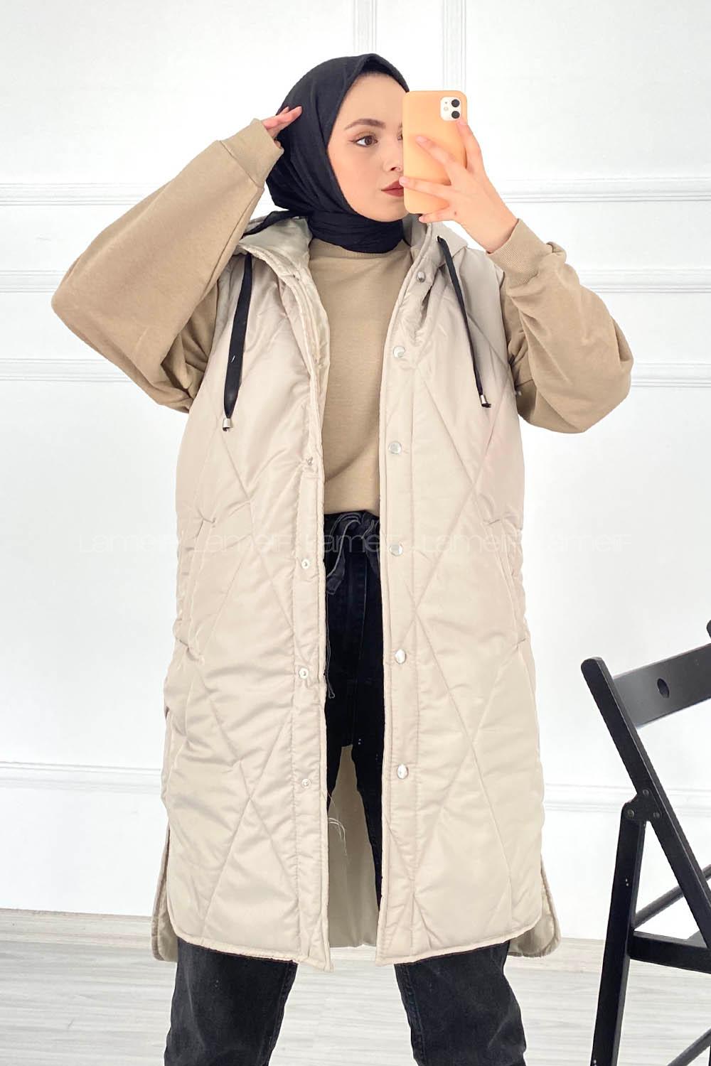 Modalamelif Kapüşonlu Çift Cepli Çıtçıt Düğme Şişme Mont Yelek Taş