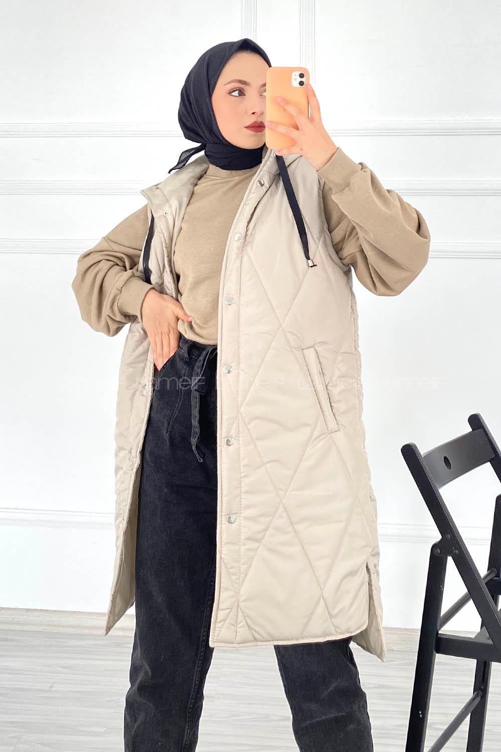 Modalamelif Kapüşonlu Çift Cepli Çıtçıt Düğme Şişme Mont Yelek Taş