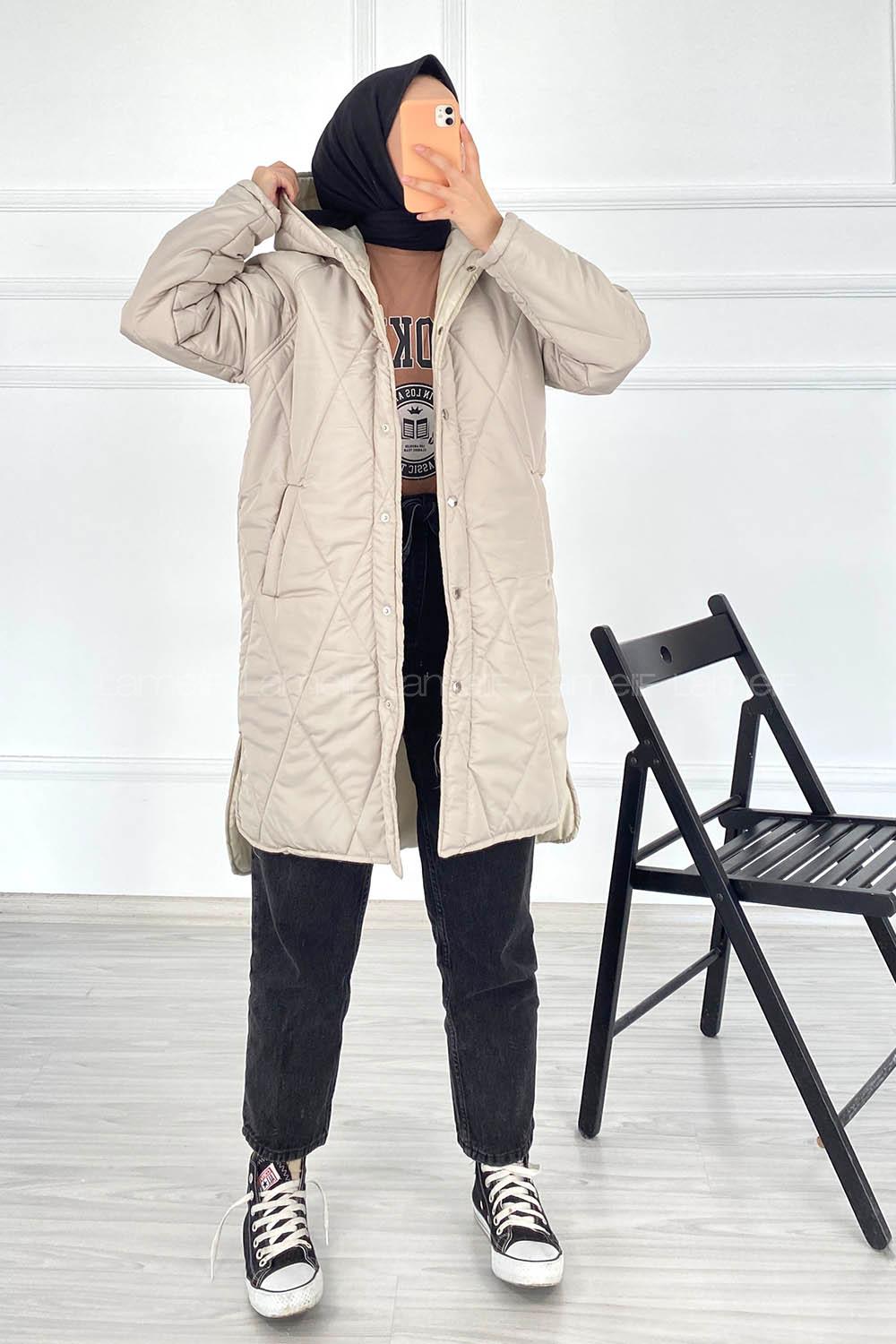 Modalamelif Kapüşonlu Çift Cepli Çıtçıt Düğme Şişme Mont Yelek Taşrengi