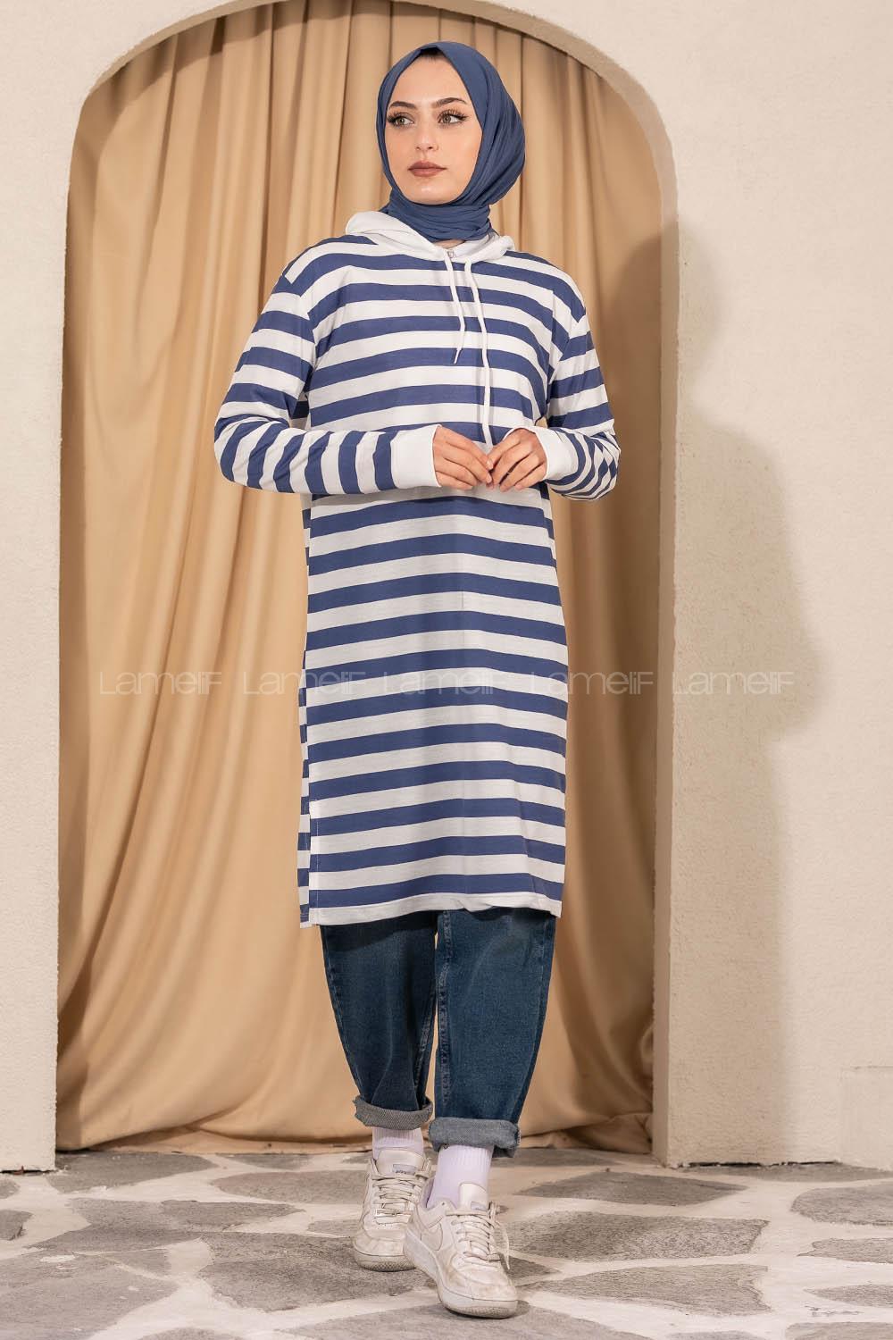 Modalamelif  Kapüşonlu Çizgi Şeritli Yırtmaçlı Tunik Beyaz -Mavi