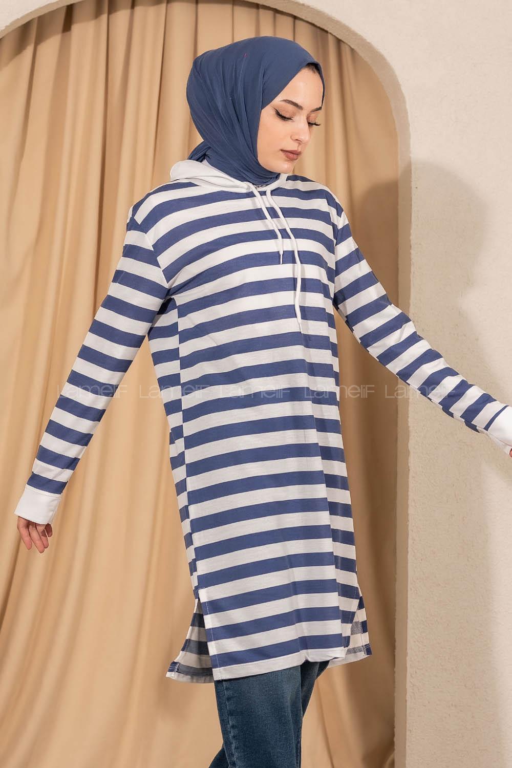 Modalamelif  Kapüşonlu Çizgi Şeritli Yırtmaçlı Tunik Beyaz -Mavi