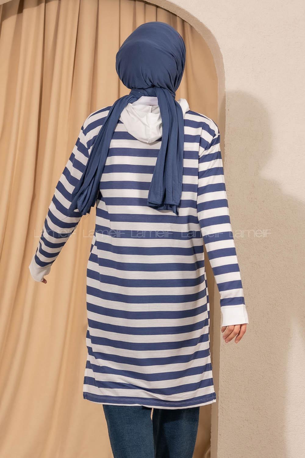 Modalamelif  Kapüşonlu Çizgi Şeritli Yırtmaçlı Tunik Beyaz -Mavi