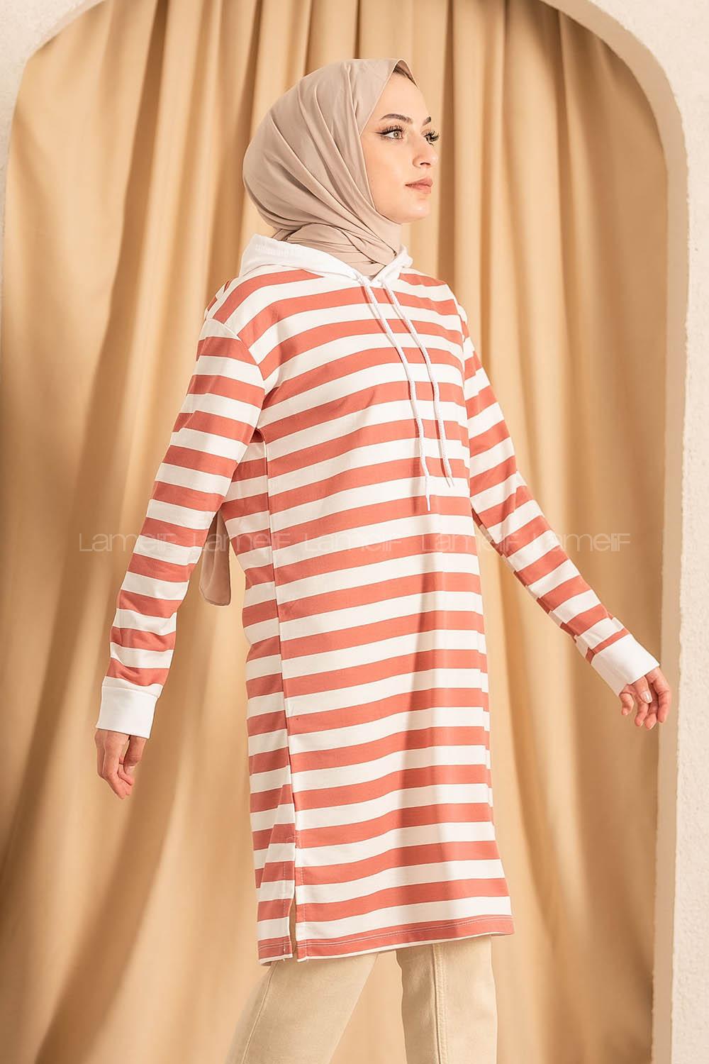 Modalamelif  Kapüşonlu Çizgi Şeritli Yırtmaçlı Tunik Beyaz-Pembe