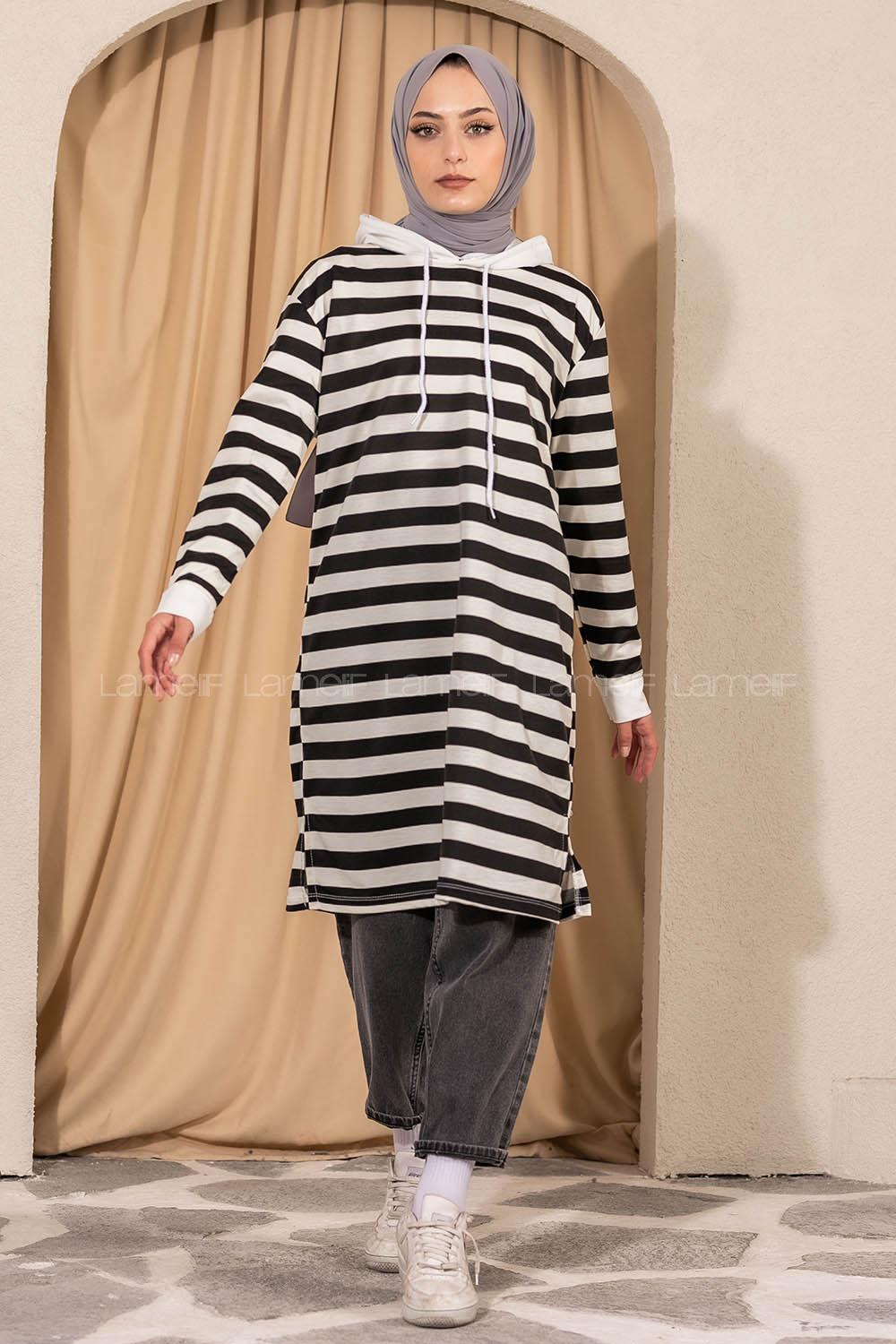 Modalamelif  Kapüşonlu Çizgi Şeritli Yırtmaçlı Tunik Beyaz -Siyah