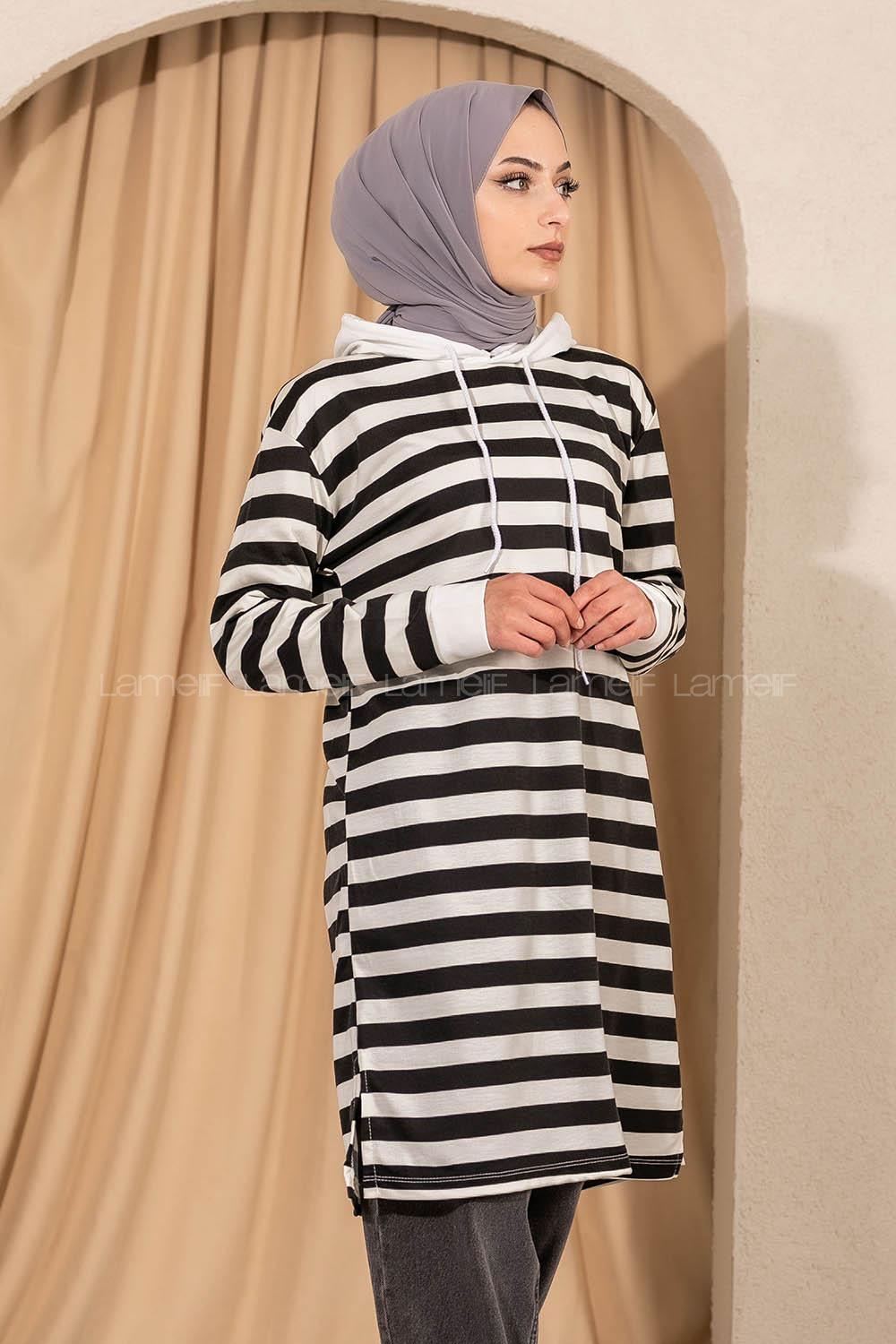 Modalamelif  Kapüşonlu Çizgi Şeritli Yırtmaçlı Tunik Beyaz -Siyah
