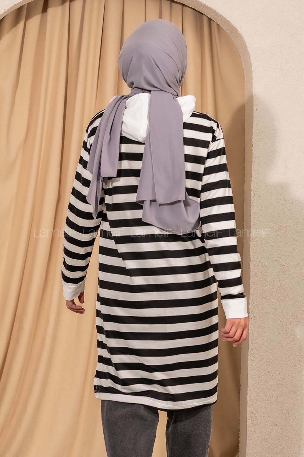 Modalamelif  Kapüşonlu Çizgi Şeritli Yırtmaçlı Tunik Beyaz -Siyah