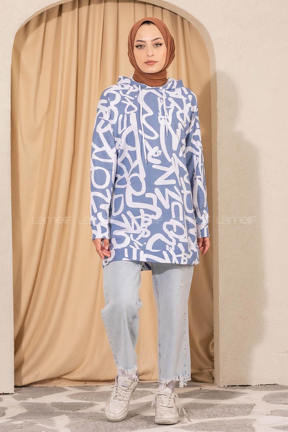 Modalamelif  Kapüşonlu Desenli  Tunik Mavi