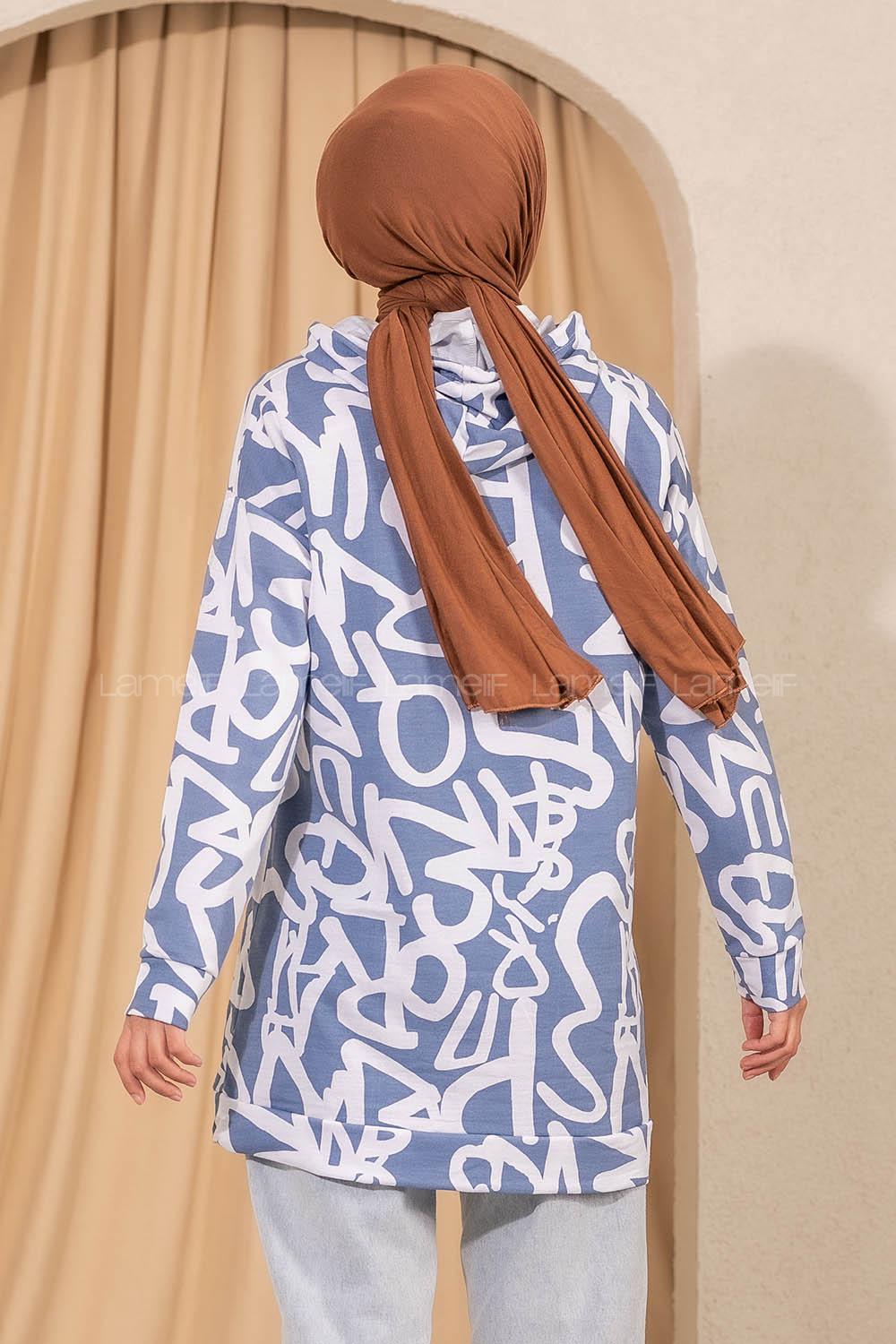 Modalamelif  Kapüşonlu Desenli  Tunik Mavi