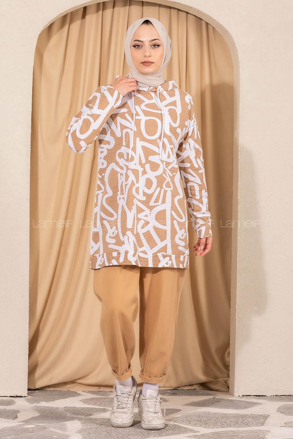 Modalamelif  Kapüşonlu Desenli  Tunik Sütlükahve