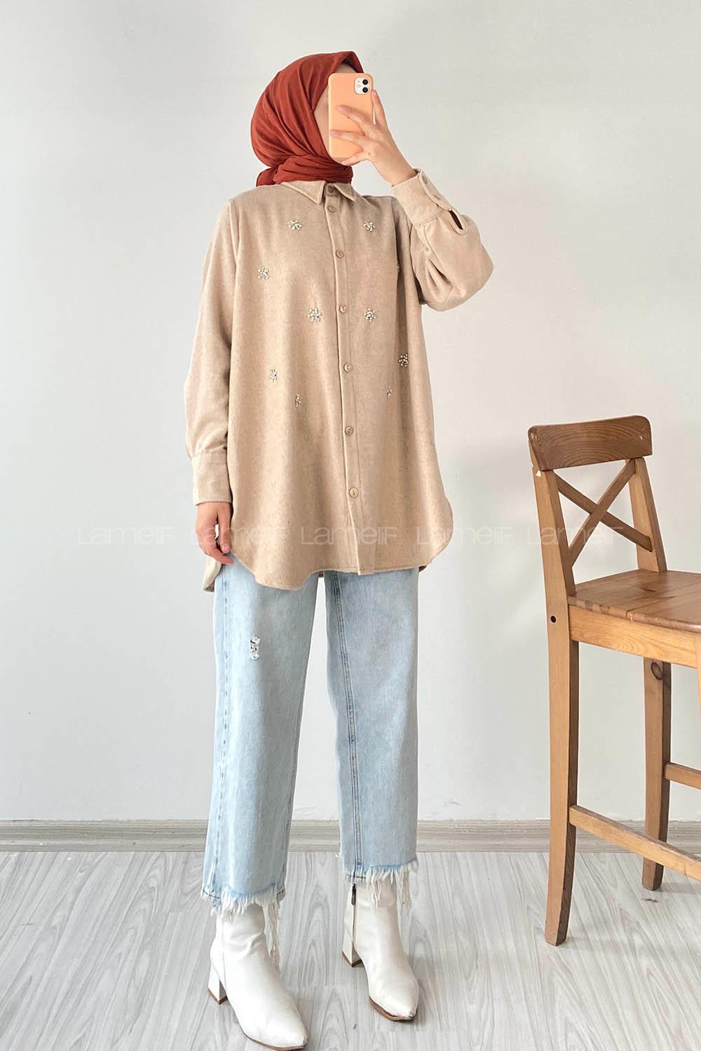 Modalamelif Önü Boydan Düğmeli Taşlı Oduncu Gömlek Bej