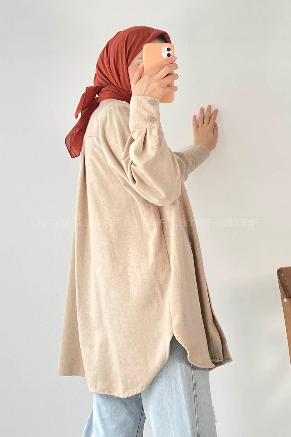 Modalamelif Önü Boydan Düğmeli Taşlı Oduncu Gömlek Bej