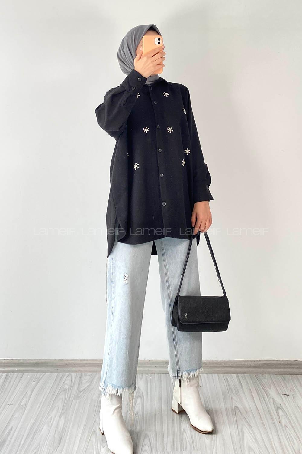 Modalamelif Önü Boydan Düğmeli Taşlı Oduncu Gömlek Siyah