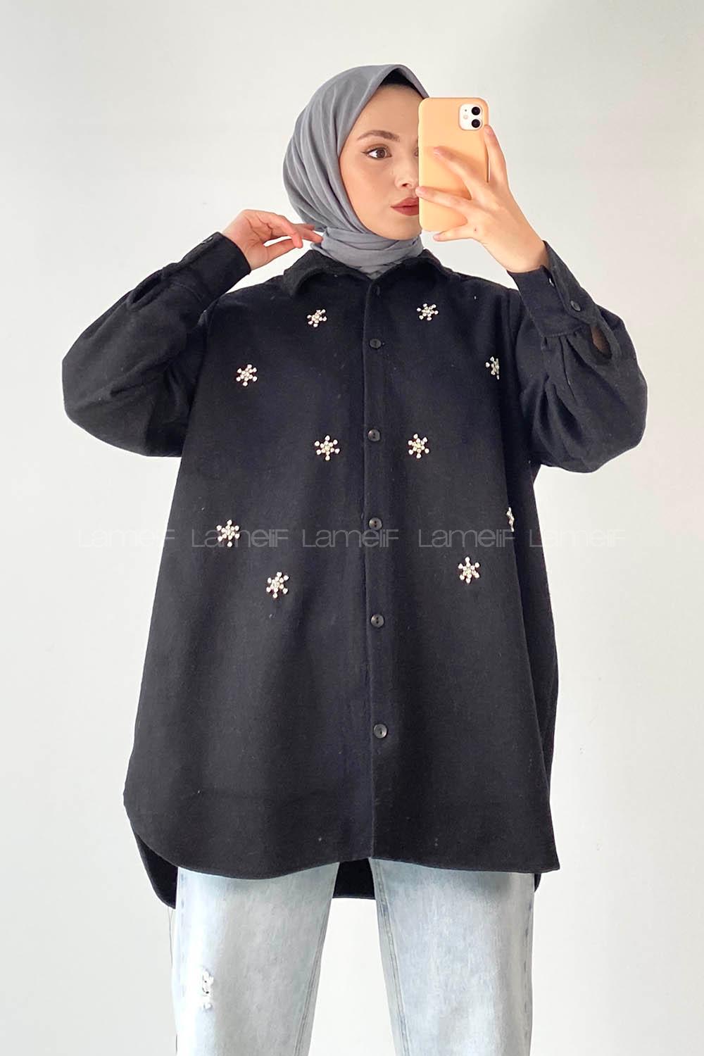 Modalamelif Önü Boydan Düğmeli Taşlı Oduncu Gömlek Siyah
