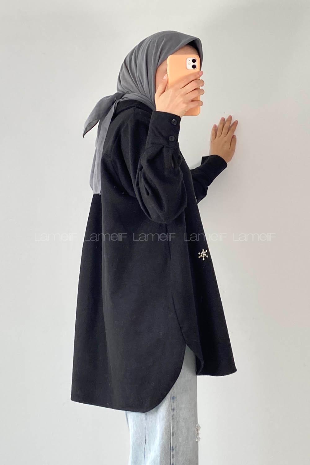 Modalamelif Önü Boydan Düğmeli Taşlı Oduncu Gömlek Siyah