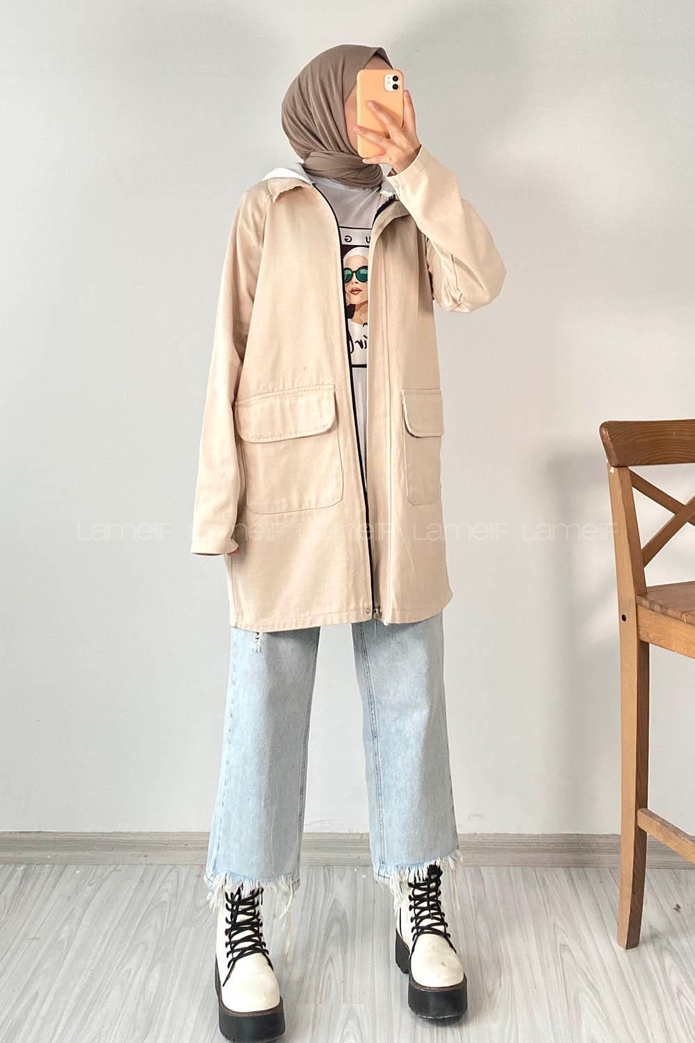Modalamelif Önü Boydan Fermuarlı Kapak Cep Kapüşon Detaylı Gabardin Ceket Bej