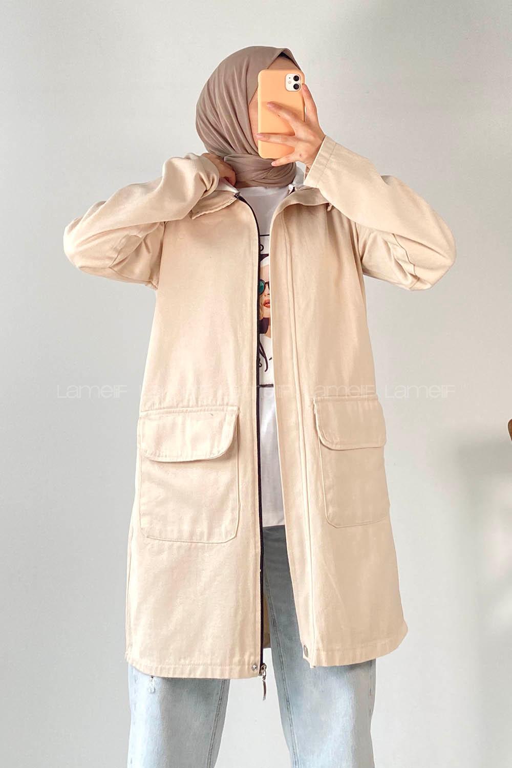 Modalamelif Önü Boydan Fermuarlı Kapak Cep Kapüşon Detaylı Gabardin Ceket Bej