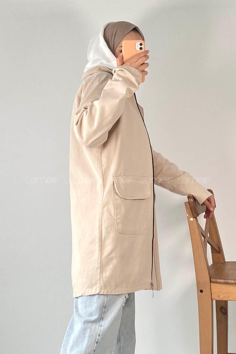 Modalamelif Önü Boydan Fermuarlı Kapak Cep Kapüşon Detaylı Gabardin Ceket Bej