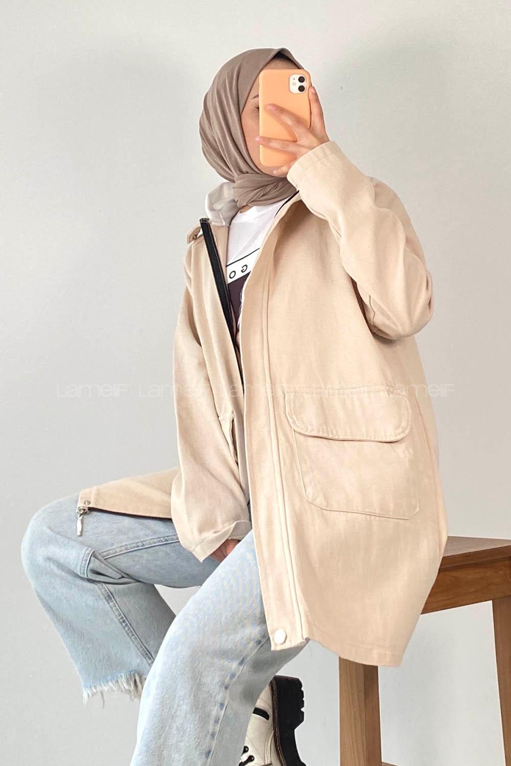 Modalamelif Önü Boydan Fermuarlı Kapak Cep Kapüşon Detaylı Gabardin Ceket Bej
