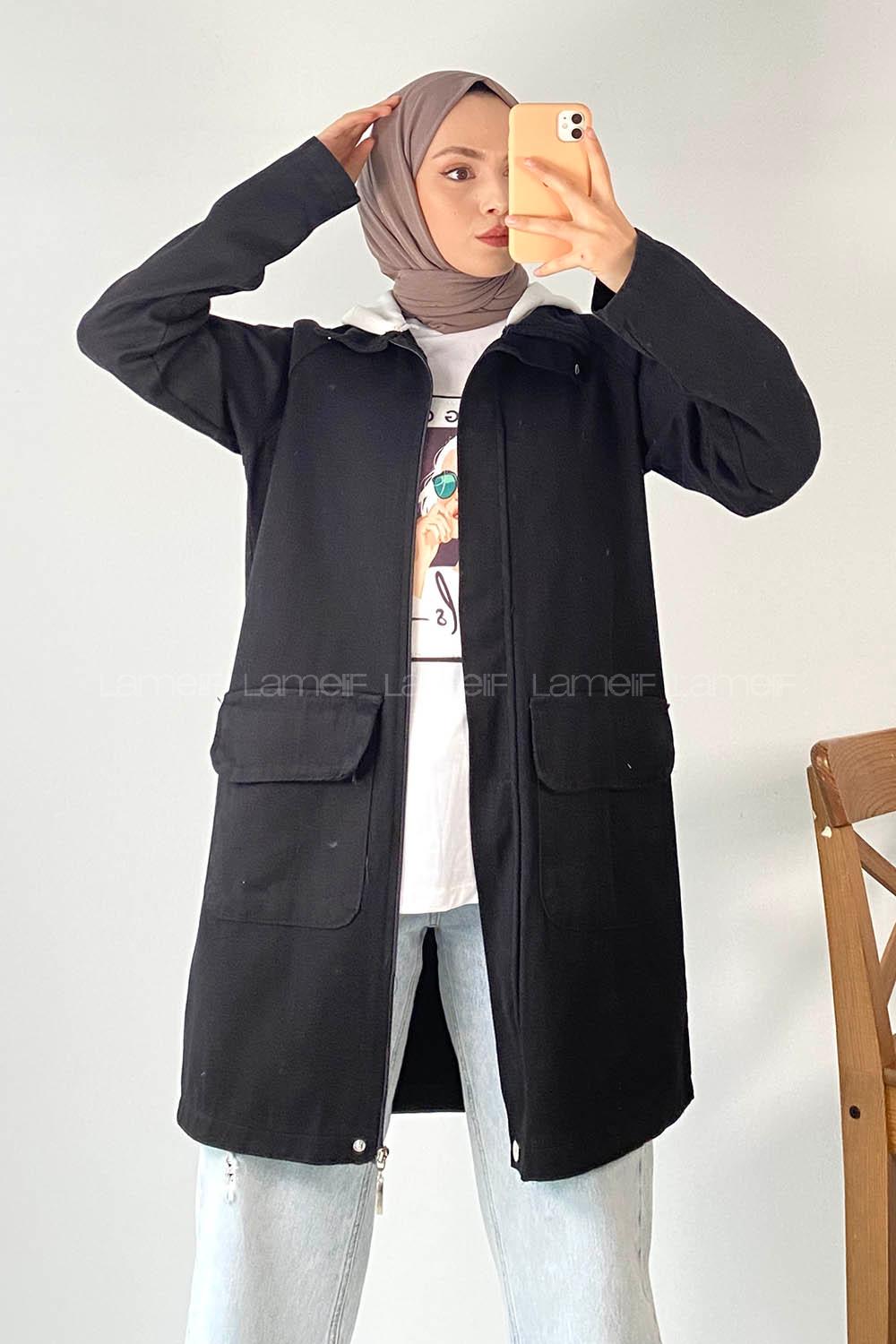 Modalamelif Önü Boydan Fermuarlı Kapak Cep Kapüşon Detaylı Gabardin Ceket Siyah