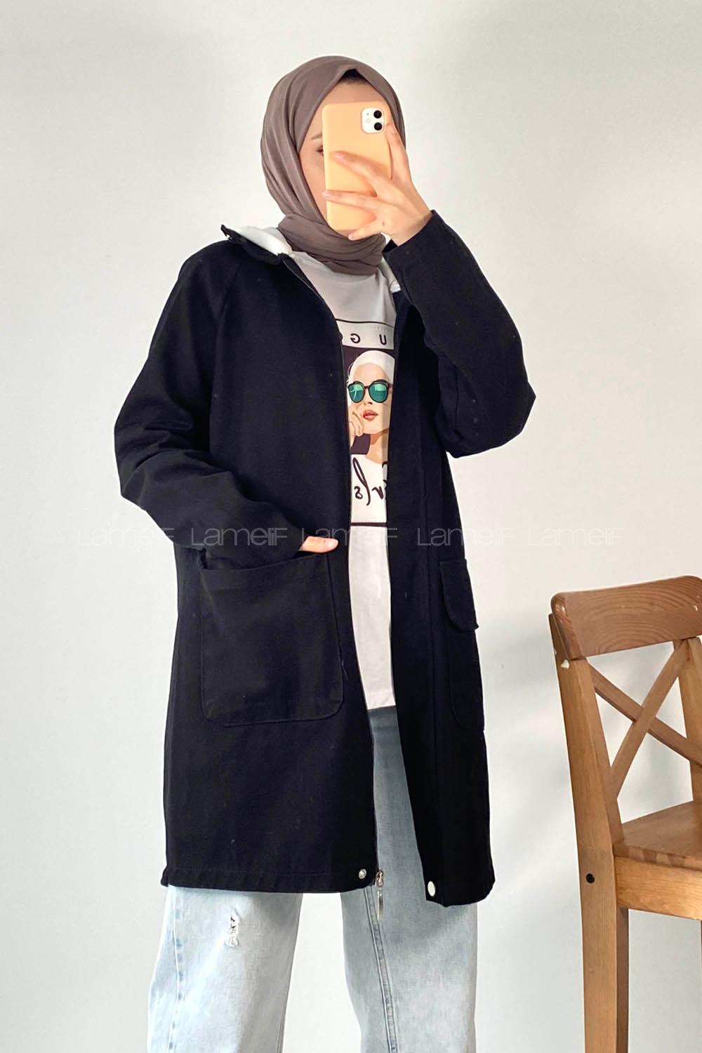 Modalamelif Önü Boydan Fermuarlı Kapak Cep Kapüşon Detaylı Gabardin Ceket Siyah