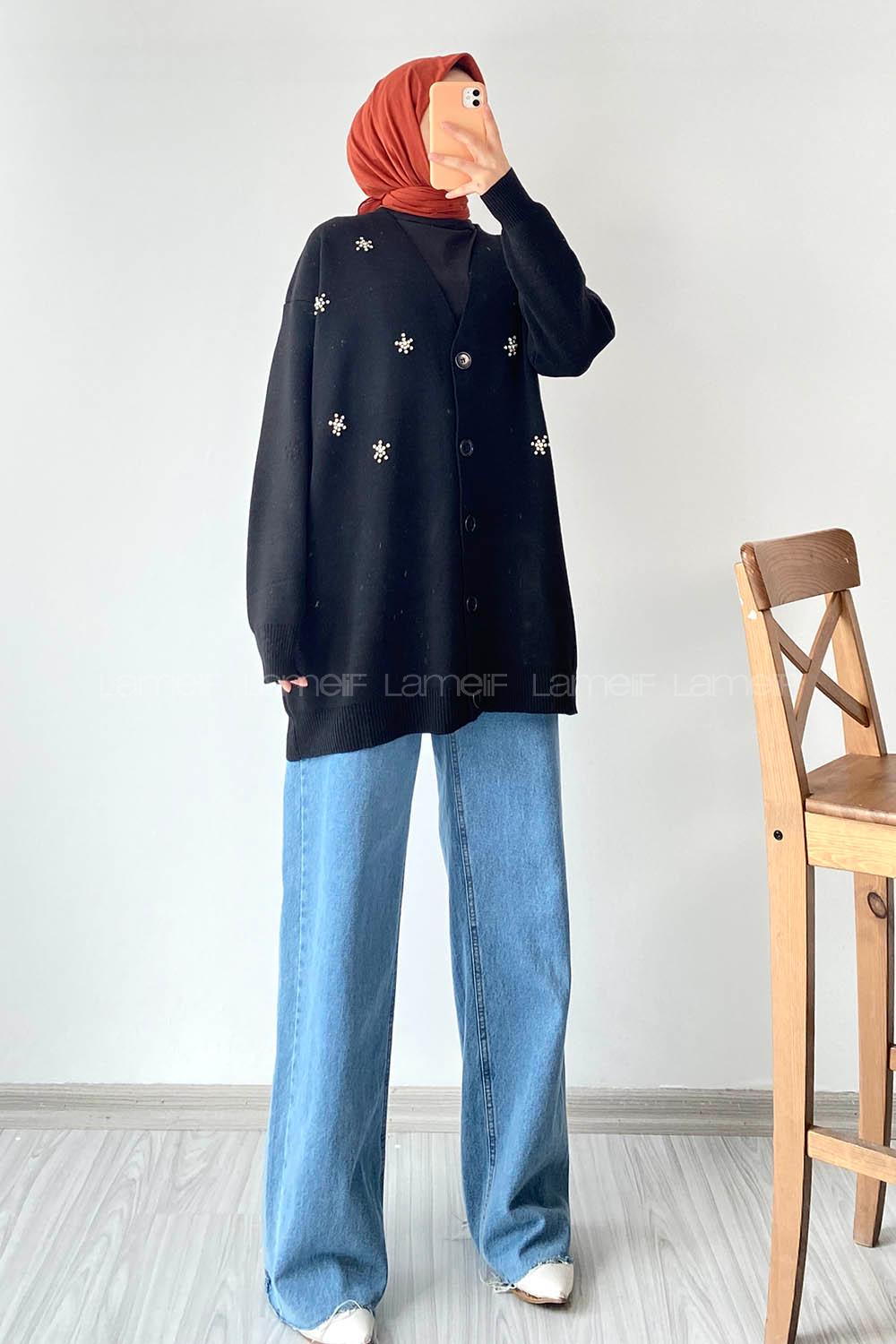 Modalamelif Önü Düğmeli Taş İşlemeli Triko Hırka Siyah