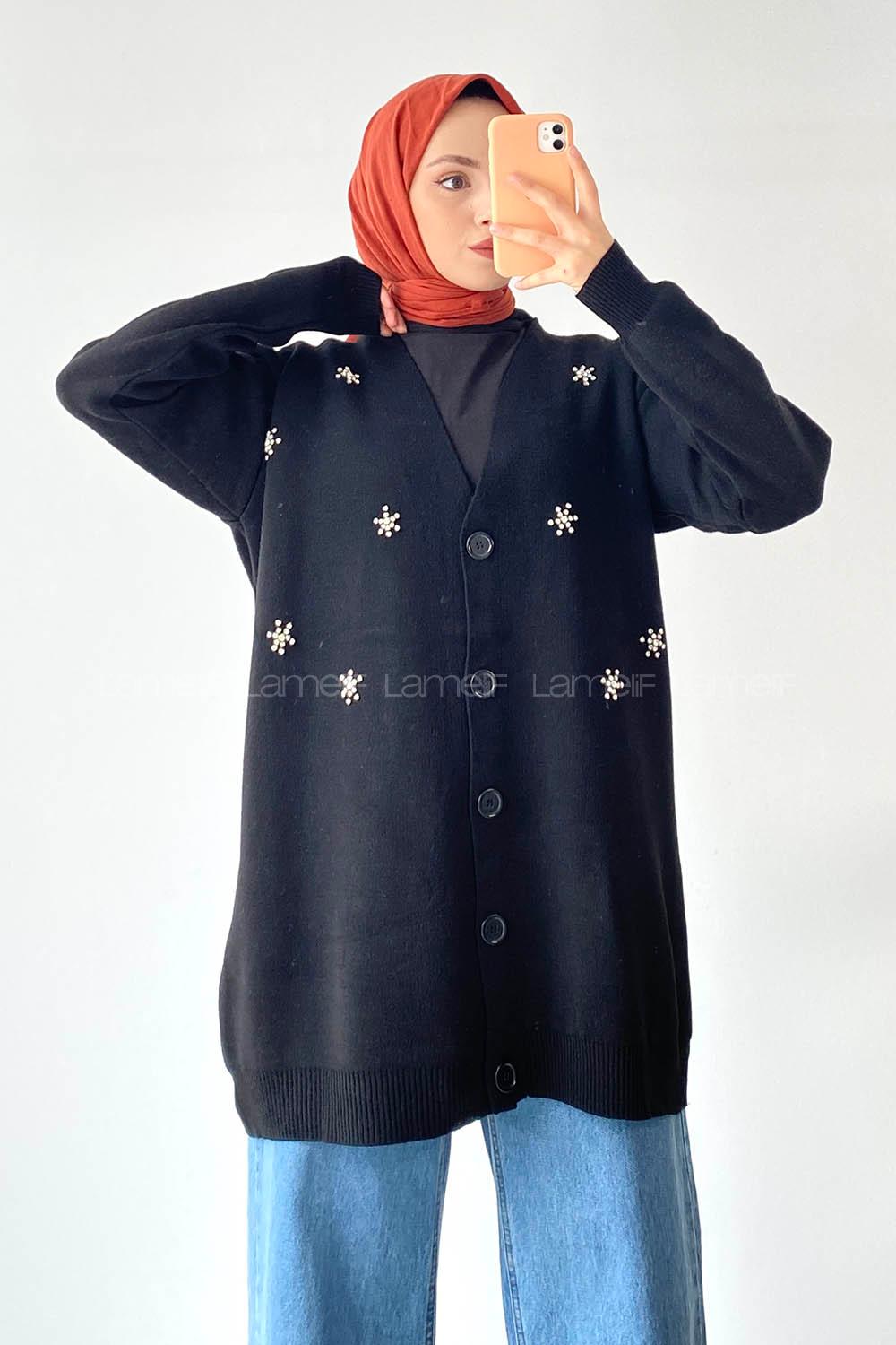 Modalamelif Önü Düğmeli Taş İşlemeli Triko Hırka Siyah