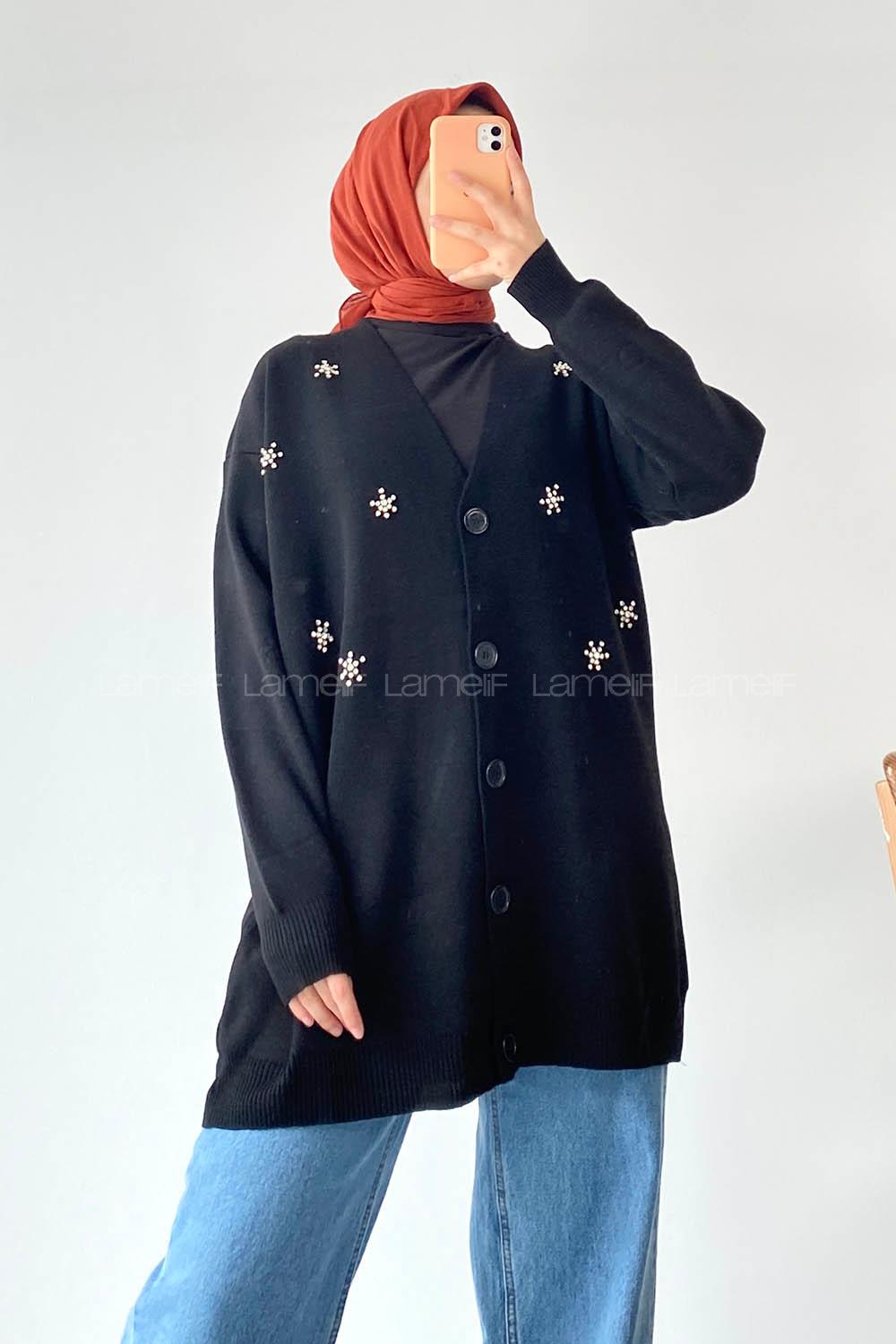 Modalamelif Önü Düğmeli Taş İşlemeli Triko Hırka Siyah