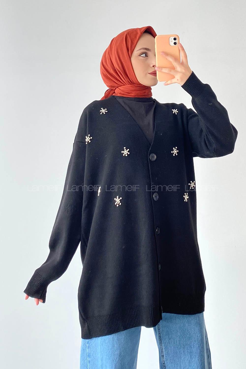 Modalamelif Önü Düğmeli Taş İşlemeli Triko Hırka Siyah