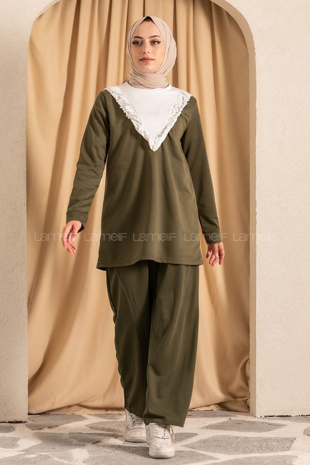 Modalamelif Önü Fırfırlı Garnili  İkili Takım Haki