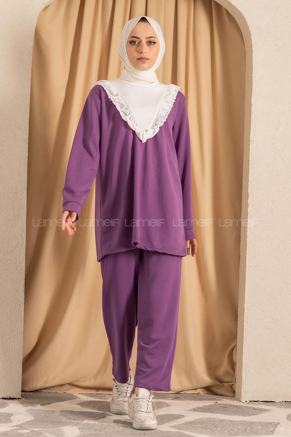 Modalamelif Önü Fırfırlı Garnili  İkili Takım Mor