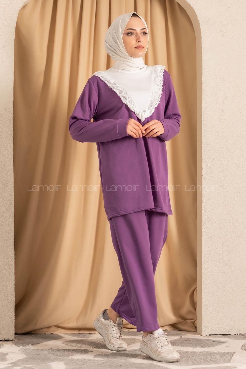 Modalamelif Önü Fırfırlı Garnili  İkili Takım Mor