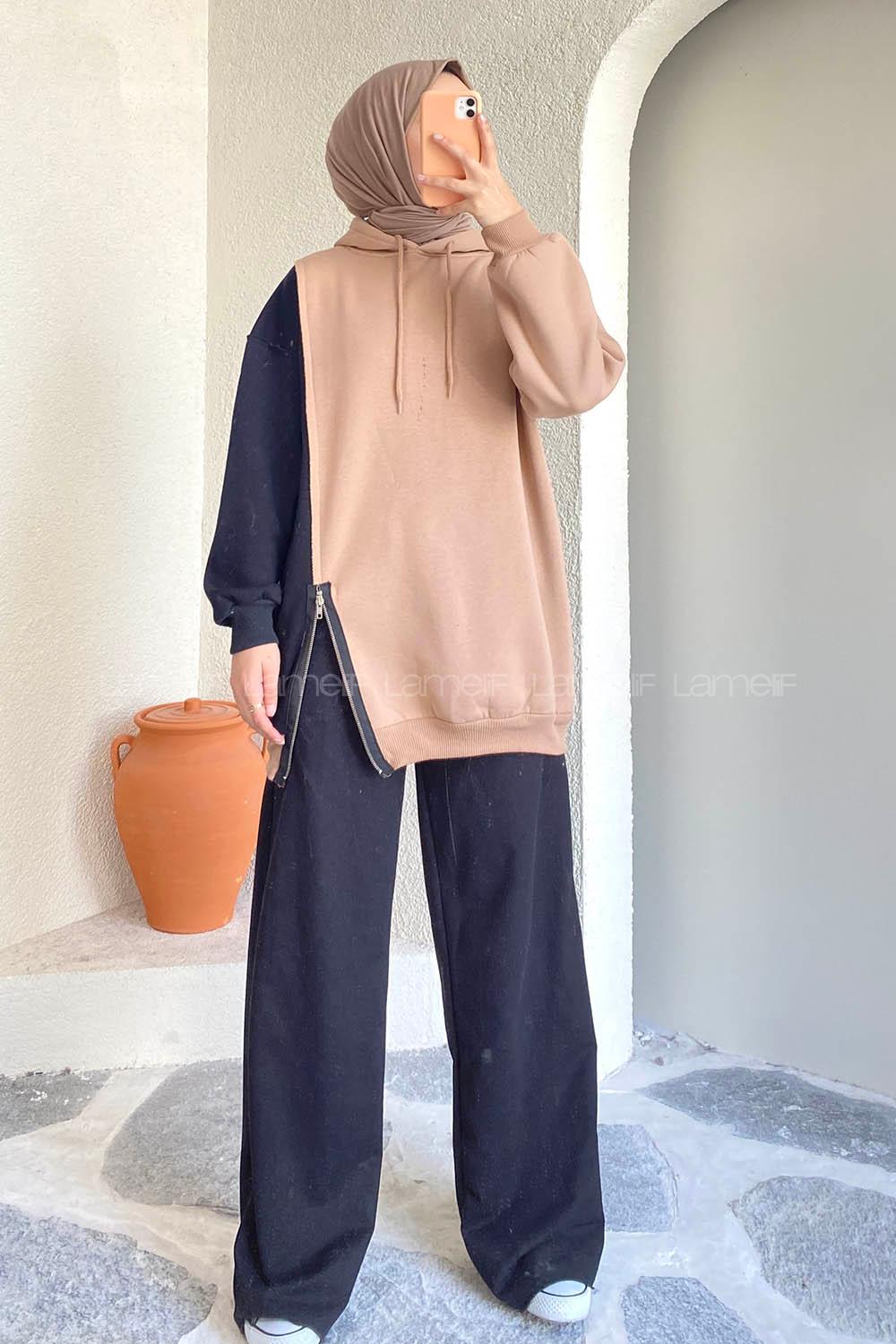 Modalamelif Renk Garnili Sweatshirt Sütlü Kahve Siyah