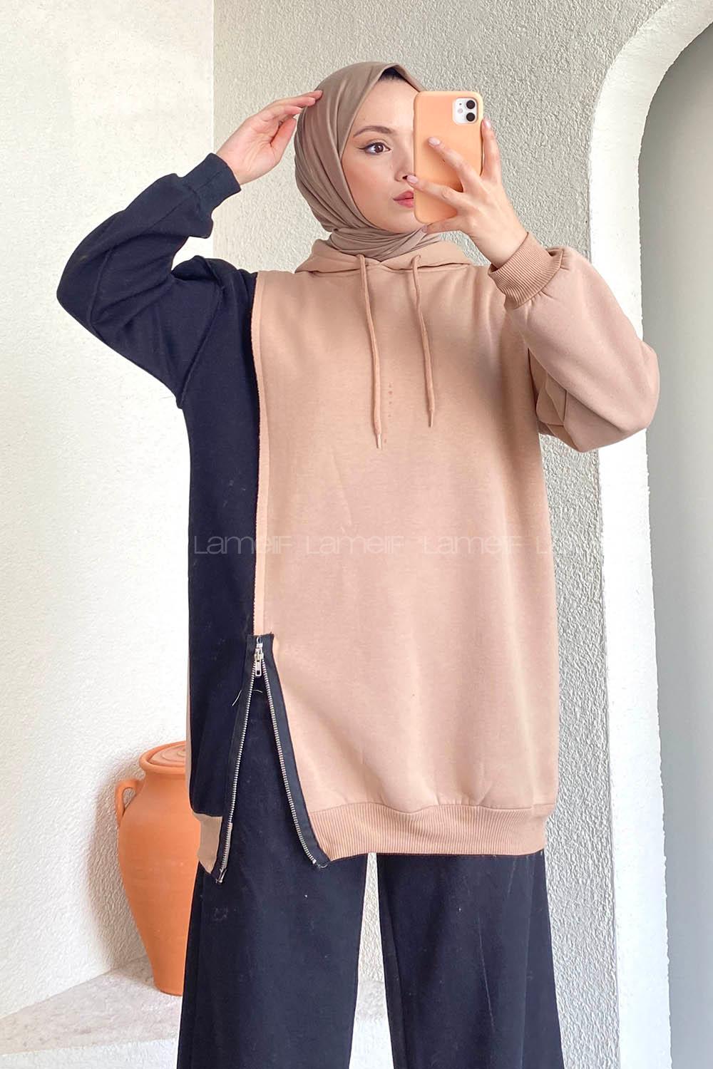 Modalamelif Renk Garnili Sweatshirt Sütlü Kahve Siyah