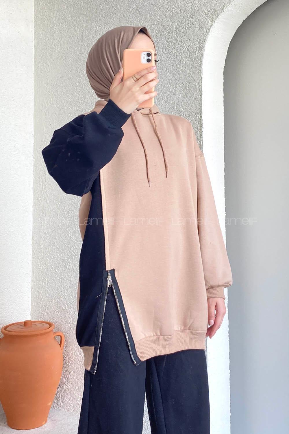 Modalamelif Renk Garnili Sweatshirt Sütlü Kahve Siyah