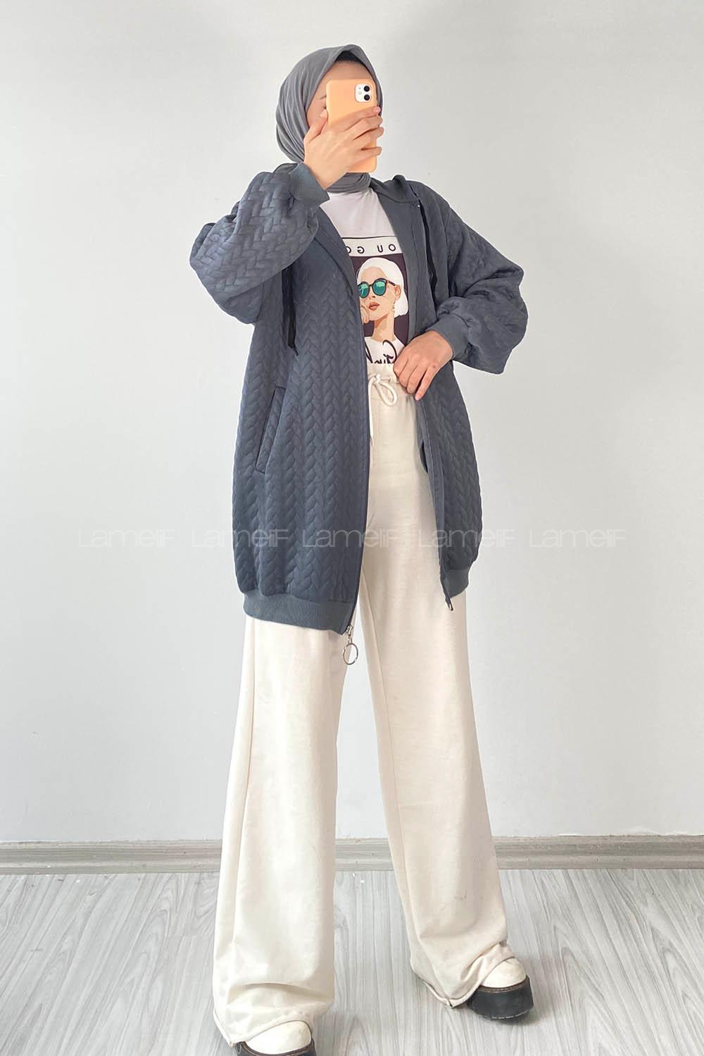 Modalamelif Saç Örgü Kapüşon Detaylı Çift Cepli Hırka Füme