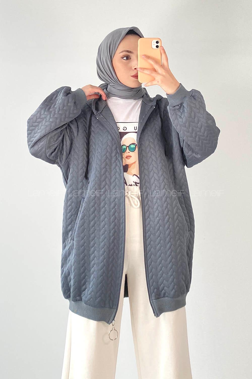 Modalamelif Saç Örgü Kapüşon Detaylı Çift Cepli Hırka Füme