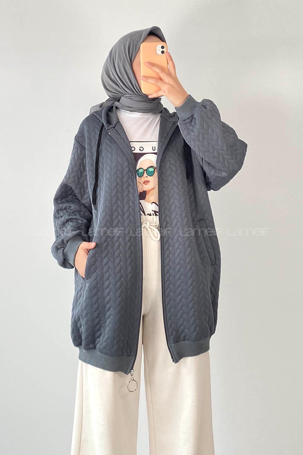 Modalamelif Saç Örgü Kapüşon Detaylı Çift Cepli Hırka Füme