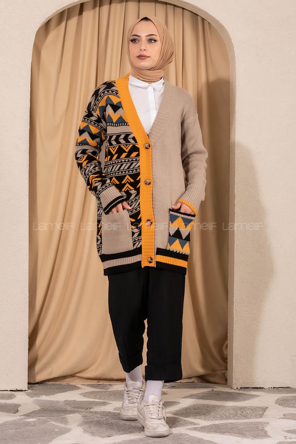 Modalamelif V Yaka Önü Düğmeli Renk Garnili Etnik Desen Triko Hırka Bej
