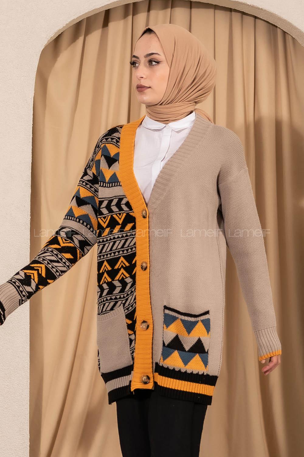 Modalamelif V Yaka Önü Düğmeli Renk Garnili Etnik Desen Triko Hırka Bej