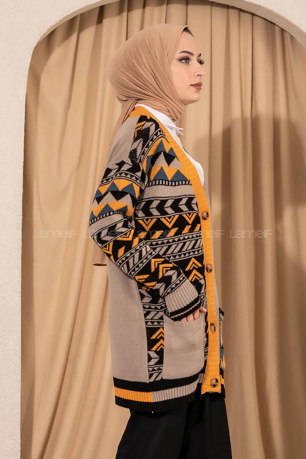 Modalamelif V Yaka Önü Düğmeli Renk Garnili Etnik Desen Triko Hırka Bej