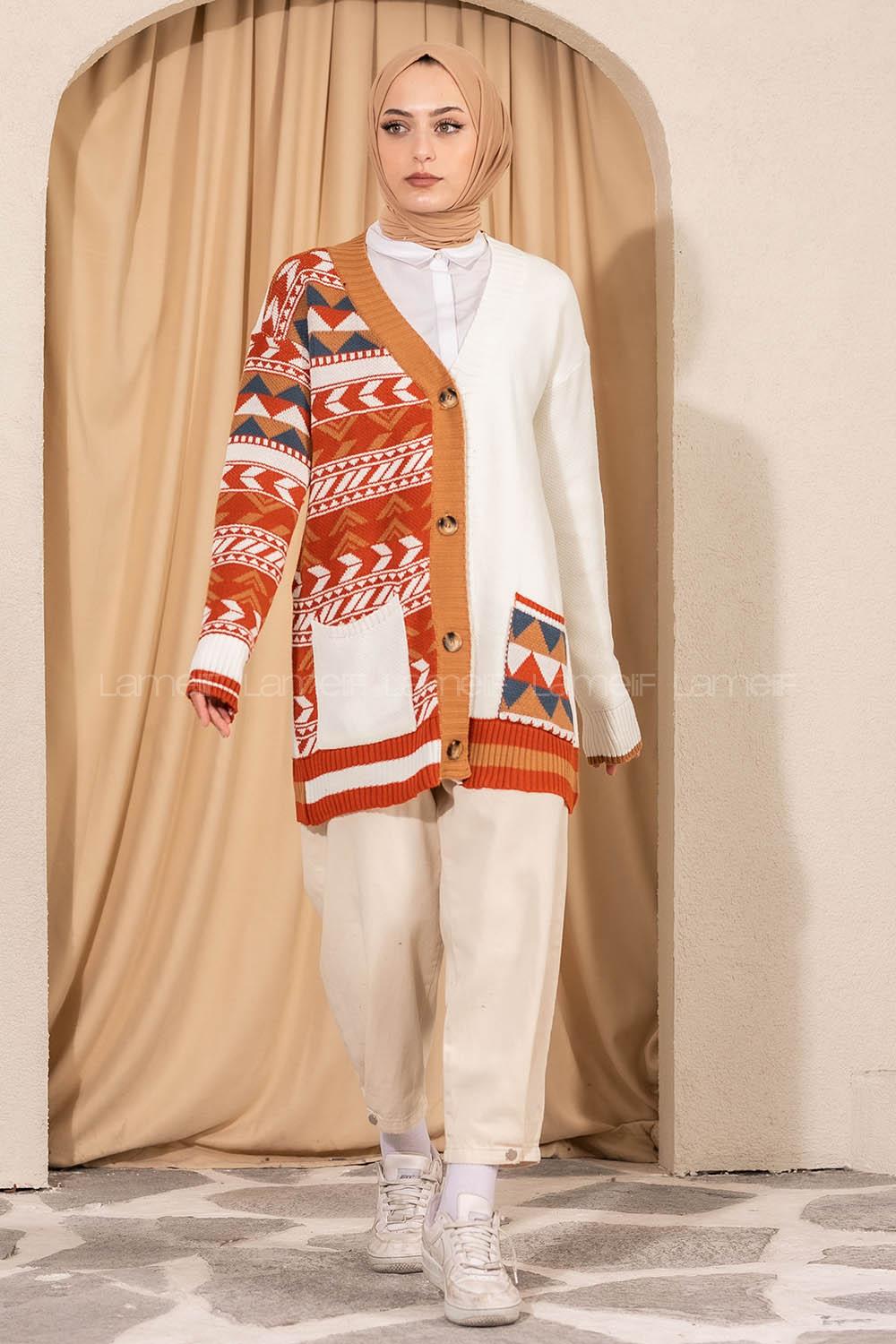 Modalamelif V Yaka Önü Düğmeli Renk Garnili Etnik Desen Triko Hırka Ekru